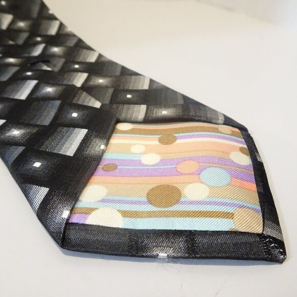 Ted Baker London 100% Silk Tie Necktie Black Silver Geometric Pattern Squares - Picture 4 of 5